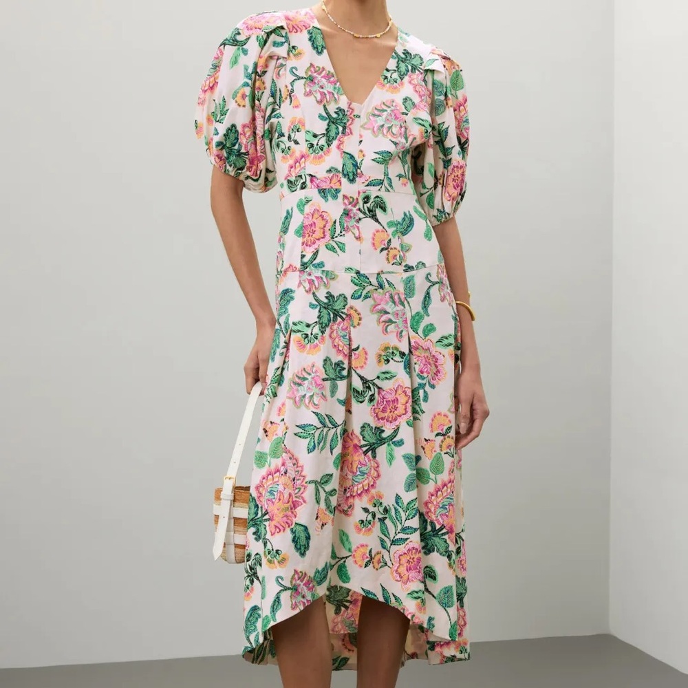 Misa Los Angeles Jamila Dress Floral Puffy Sleeve High Low Midi - Picture 2 of 12